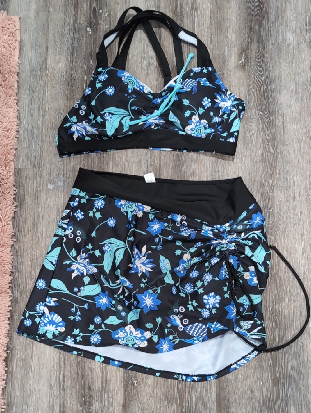 Black Floral Two-Piece Swim Set with Blue & Teal Flowers